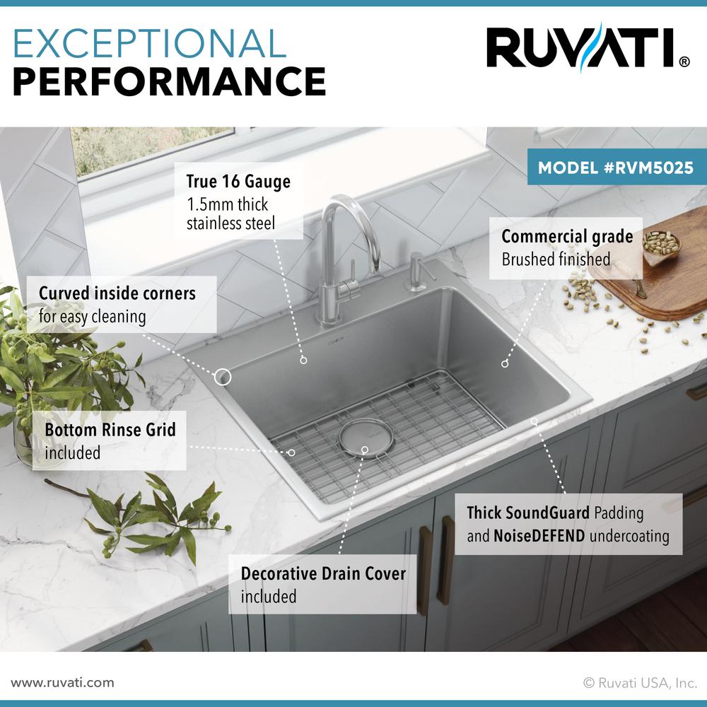 Ruvati 25 x 22 inch Drop-in Topmount Kitchen Sink 16 Gauge Single Bowl. Picture 4
