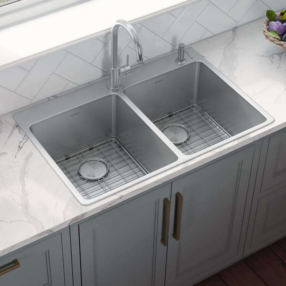 Ruvati 33 x 22 inch Drop-in Topmount Kitchen Sink 16 Gauge 50/50 Double Bowl. Picture 2