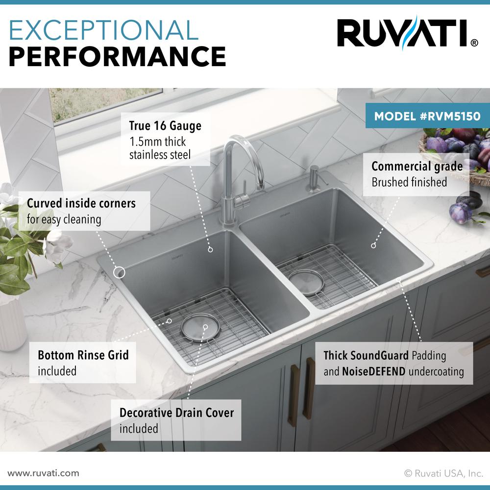Ruvati 33 x 22 inch Drop-in Topmount Kitchen Sink 16 Gauge 50/50 Double Bowl. Picture 3