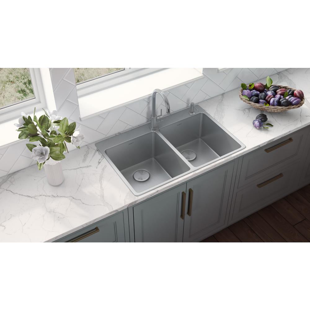 Ruvati 33 x 22 inch Drop-in Topmount Kitchen Sink 16 Gauge 50/50 Double Bowl. Picture 9