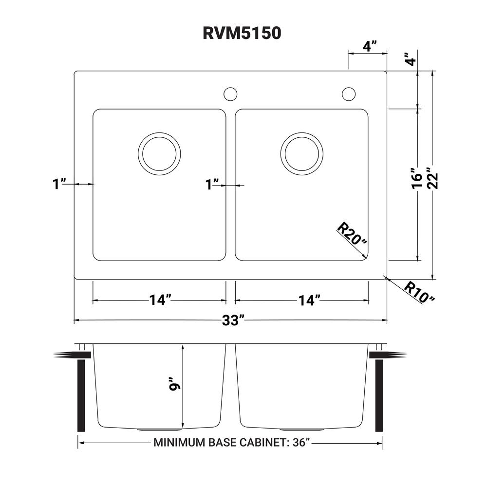 Ruvati 33 x 22 inch Drop-in Topmount Kitchen Sink 16 Gauge 50/50 Double Bowl. Picture 10