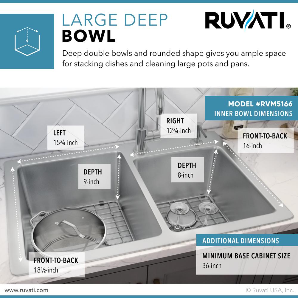 Ruvati 33 x 22 inch Drop-in Topmount Kitchen Sink 16 Gauge 60/40 Double Bowl. Picture 3