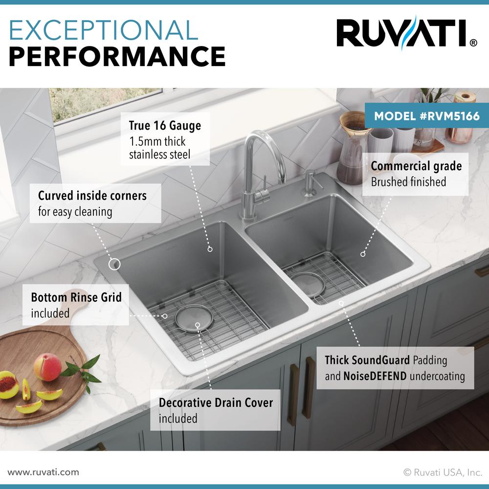 Ruvati 33 x 22 inch Drop-in Topmount Kitchen Sink 16 Gauge 60/40 Double Bowl. Picture 4