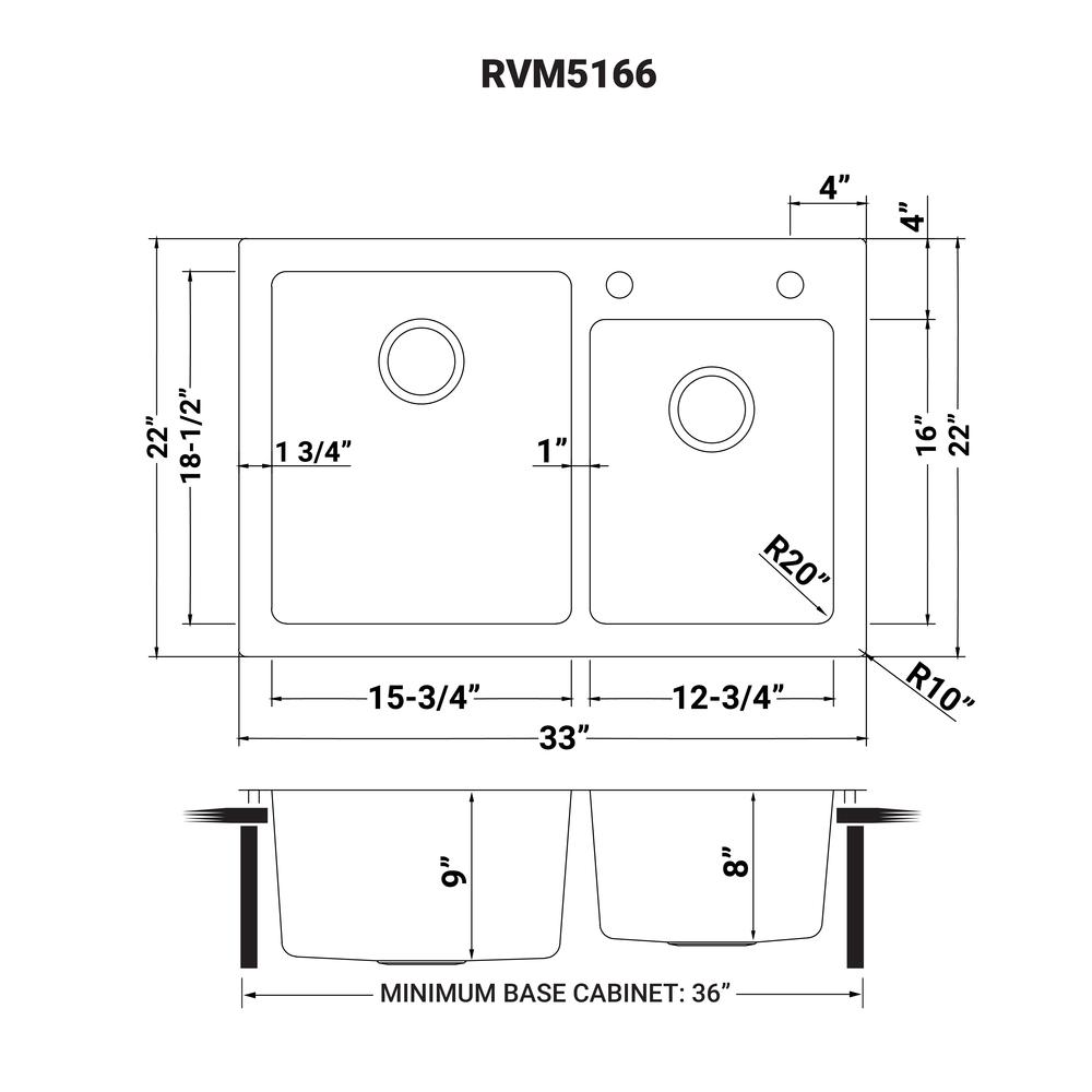 Ruvati 33 x 22 inch Drop-in Topmount Kitchen Sink 16 Gauge 60/40 Double Bowl. Picture 10
