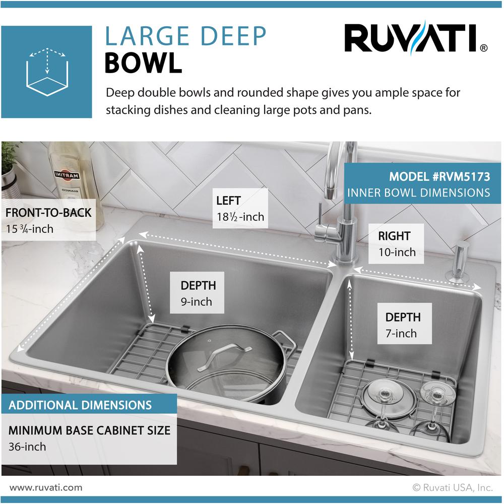Ruvati 33 x 22 inch Drop-in Topmount Kitchen Sink 16 Gauge 70/30 Double Bowl. Picture 3