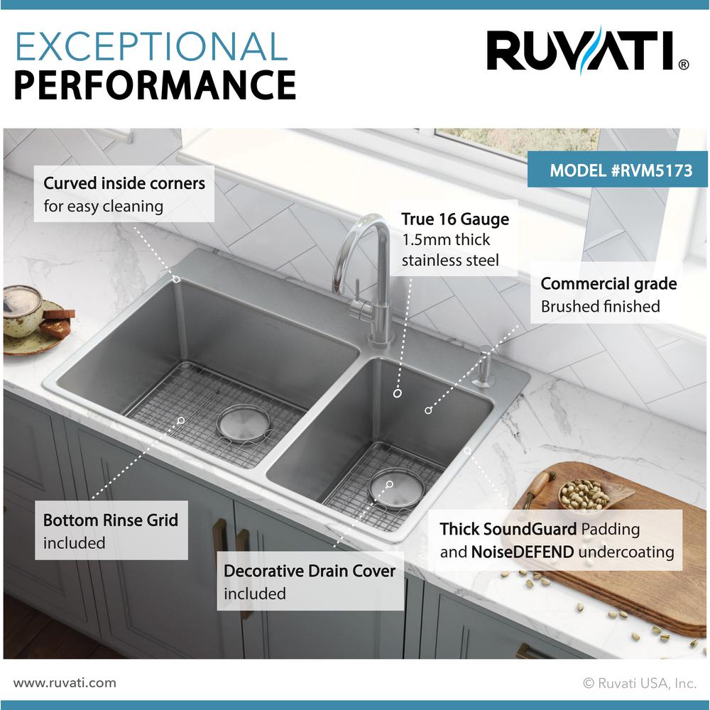 Ruvati 33 x 22 inch Drop-in Topmount Kitchen Sink 16 Gauge 70/30 Double Bowl. Picture 5