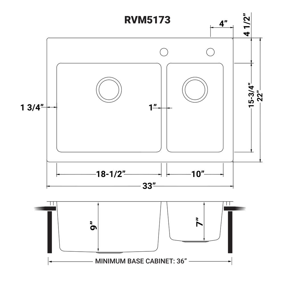 Ruvati 33 x 22 inch Drop-in Topmount Kitchen Sink 16 Gauge 70/30 Double Bowl. Picture 10