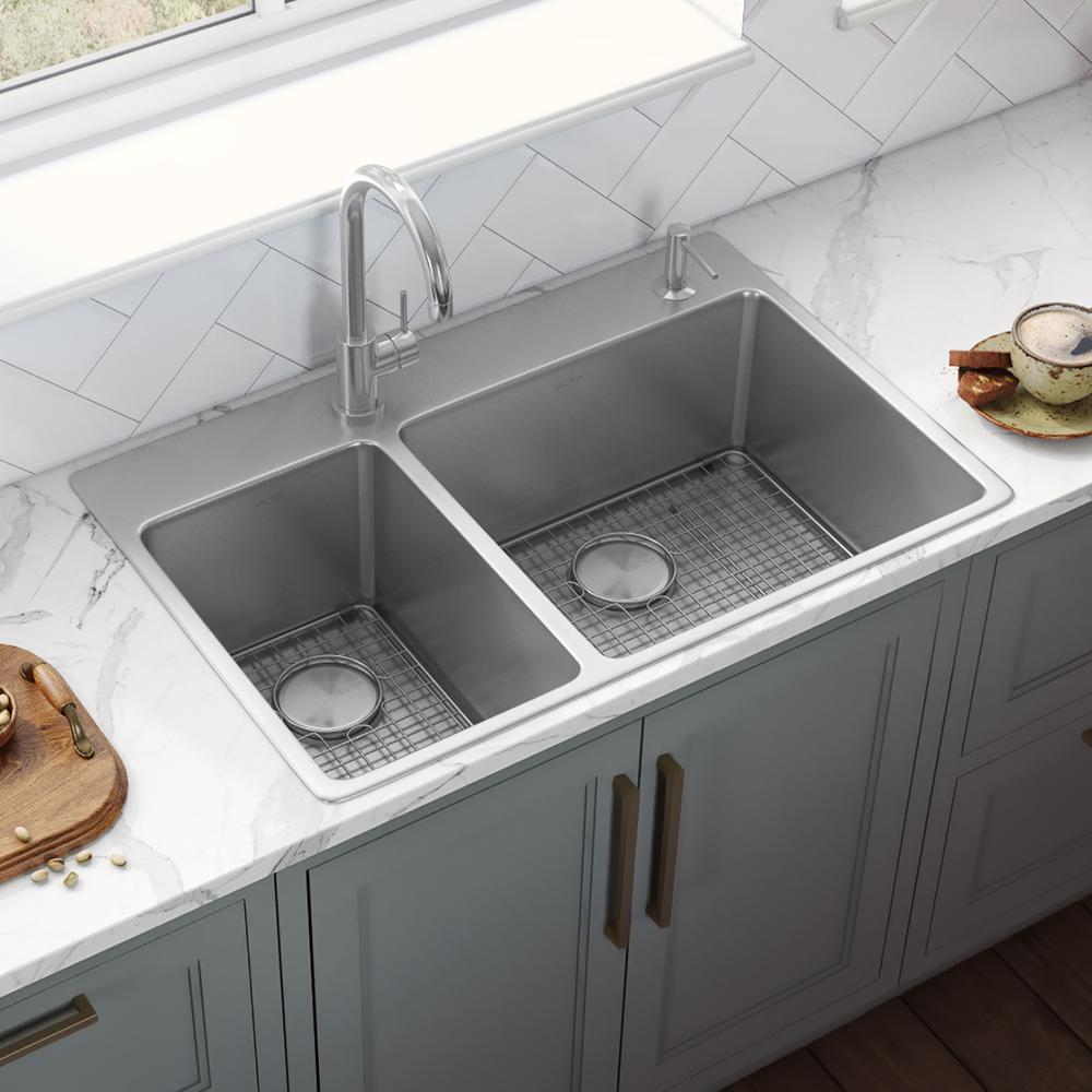 Ruvati 33 x 22 inch Drop-in Topmount Kitchen Sink 16 Gauge 30/70 Double Bowl. Picture 2