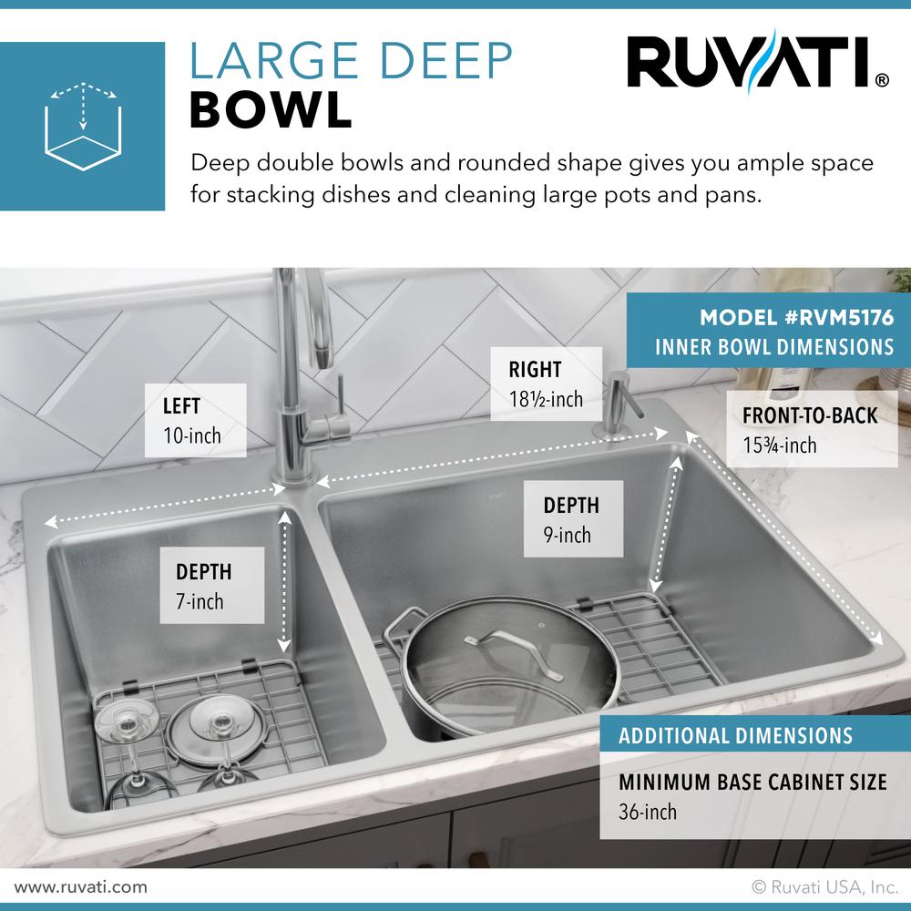 Ruvati 33 x 22 inch Drop-in Topmount Kitchen Sink 16 Gauge 30/70 Double Bowl. Picture 3