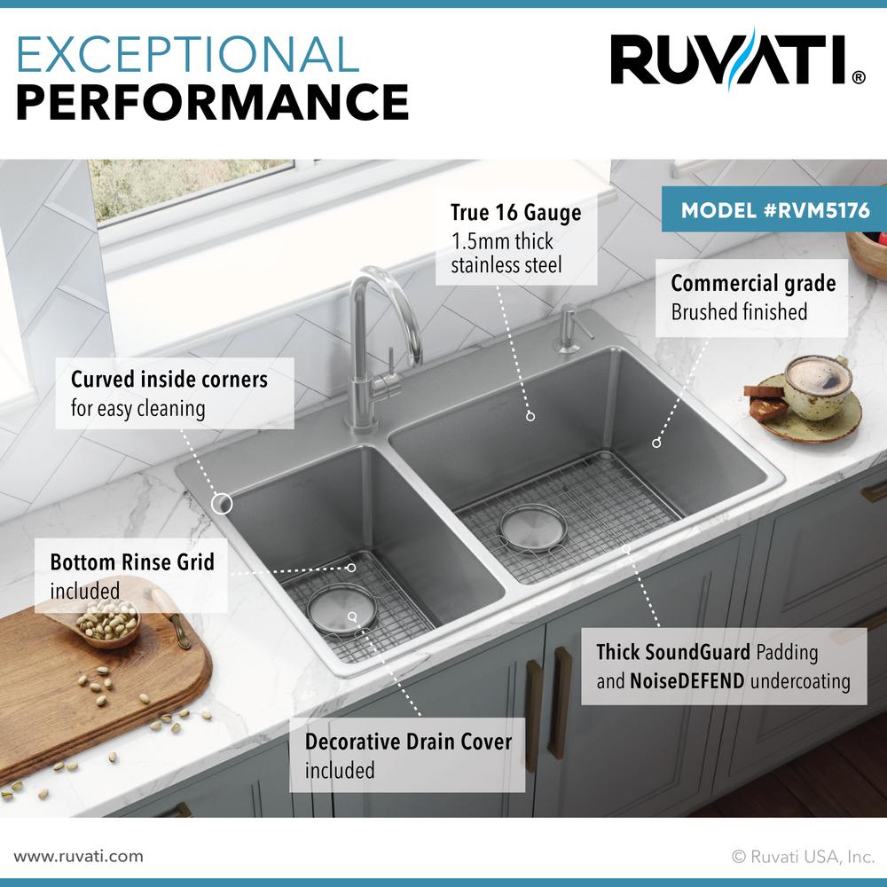Ruvati 33 x 22 inch Drop-in Topmount Kitchen Sink 16 Gauge 30/70 Double Bowl. Picture 4
