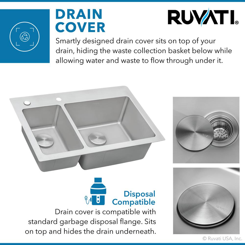 Ruvati 33 x 22 inch Drop-in Topmount Kitchen Sink 16 Gauge 30/70 Double Bowl. Picture 6
