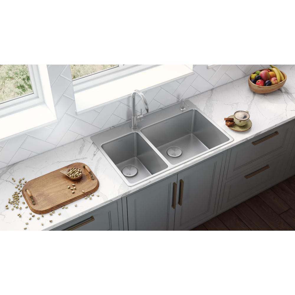 Ruvati 33 x 22 inch Drop-in Topmount Kitchen Sink 16 Gauge 30/70 Double Bowl. Picture 9
