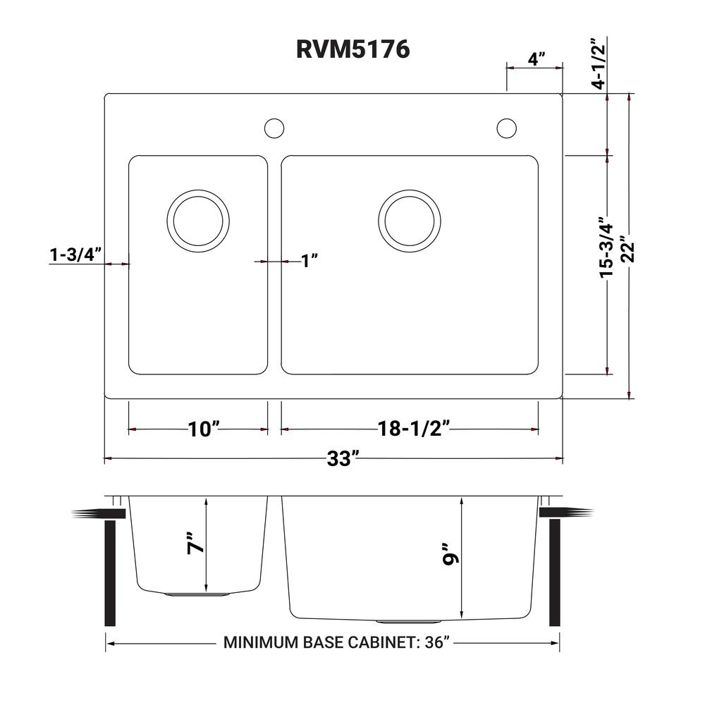 Ruvati 33 x 22 inch Drop-in Topmount Kitchen Sink 16 Gauge 30/70 Double Bowl. Picture 10