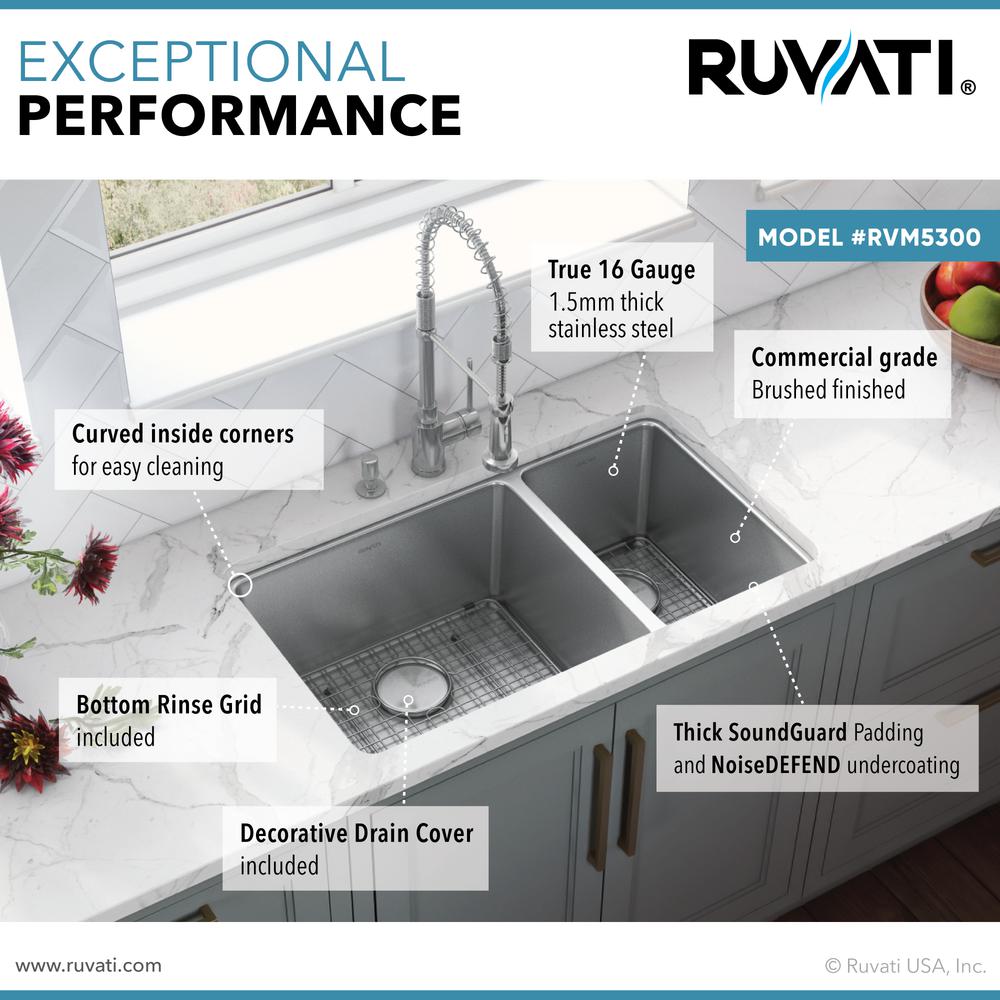 Ruvati 32-inch Undermount Kitchen Sink 70/30 Double Bowl 16 Gauge. Picture 4
