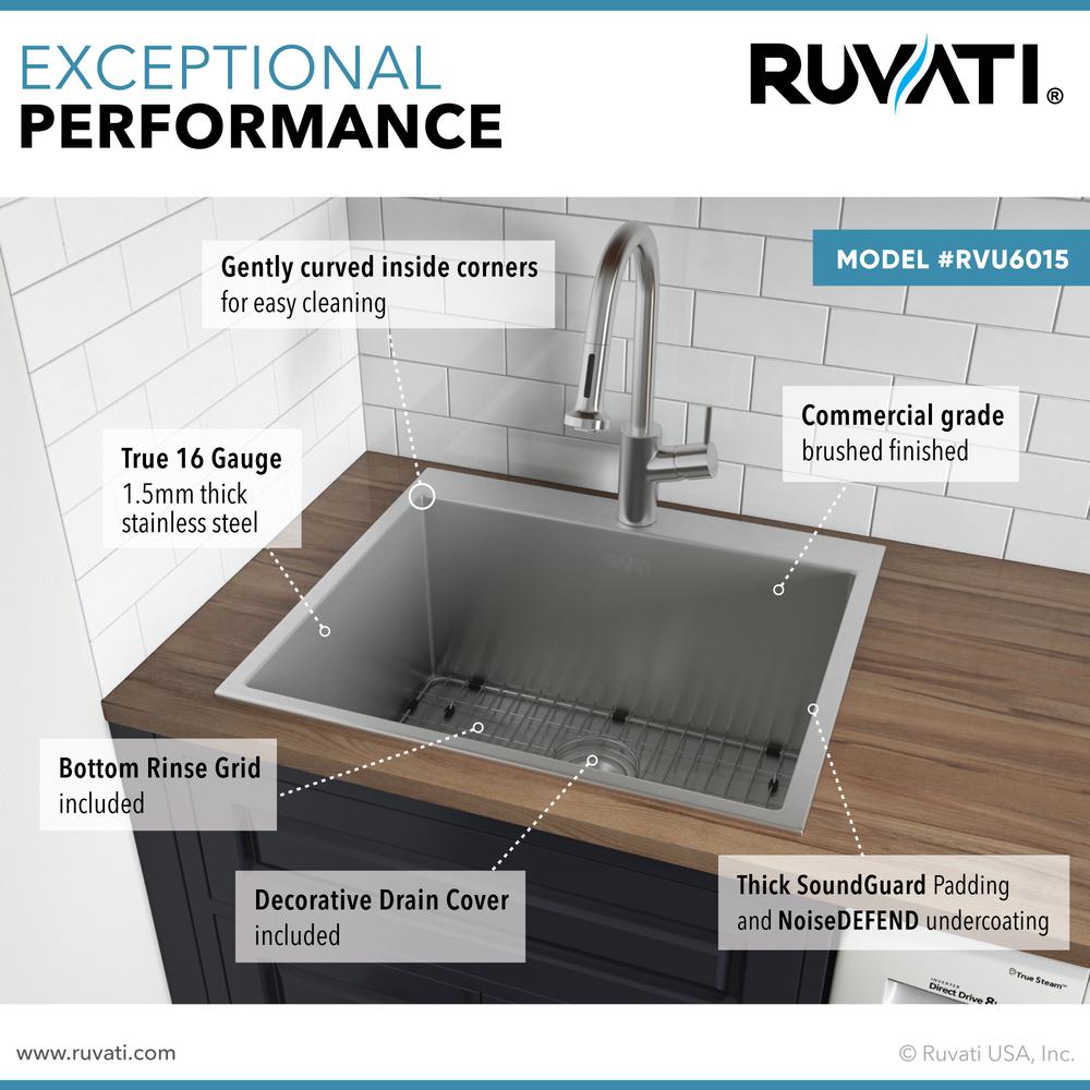 Ruvati Topmount Laundry Utility Sink 25 x 22 x 12 inch Tight Radius Deep 16 Gauge Stainless Steel - RVU6015. Picture 9