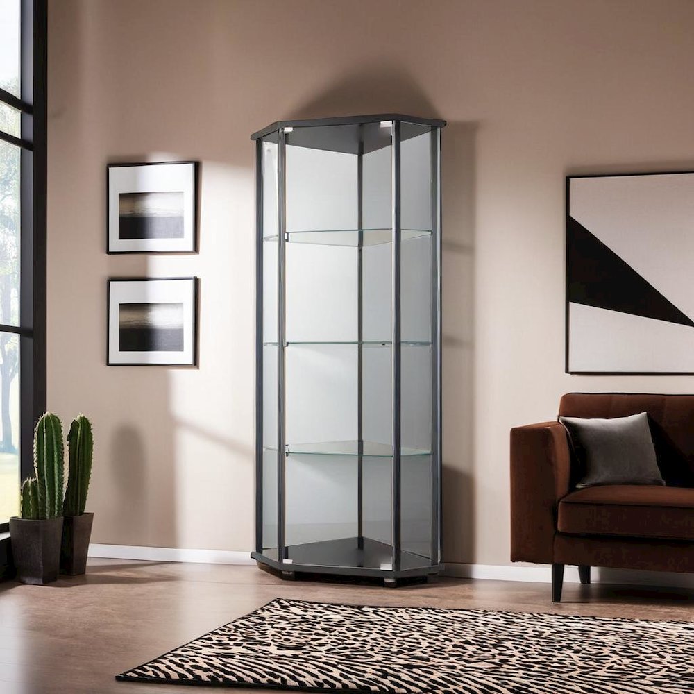 Sophisticated Black Glass Shelf Curio Cabinet with Clear Glass Doors. Picture 3