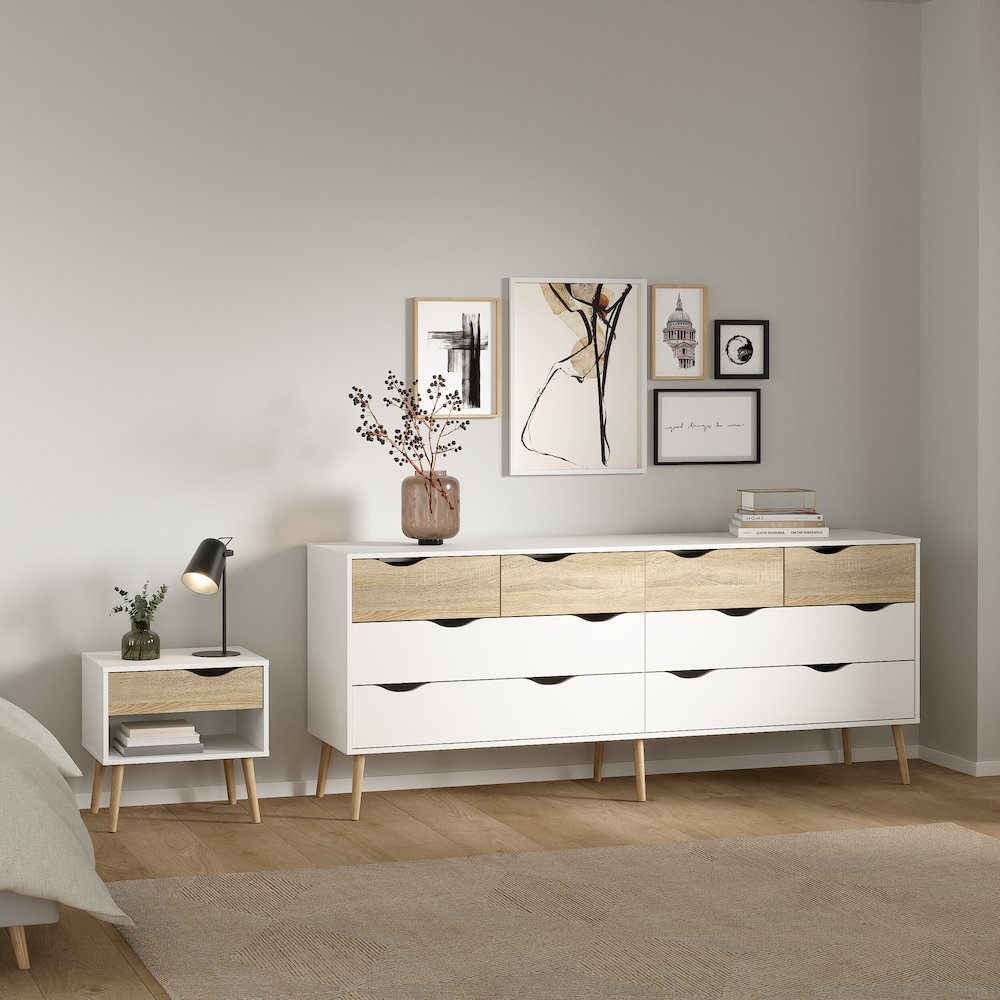 Diana 2-Piece Bedroom Set - 8 Drawer Double Dresser and Nightstand, White/Oak. Picture 2