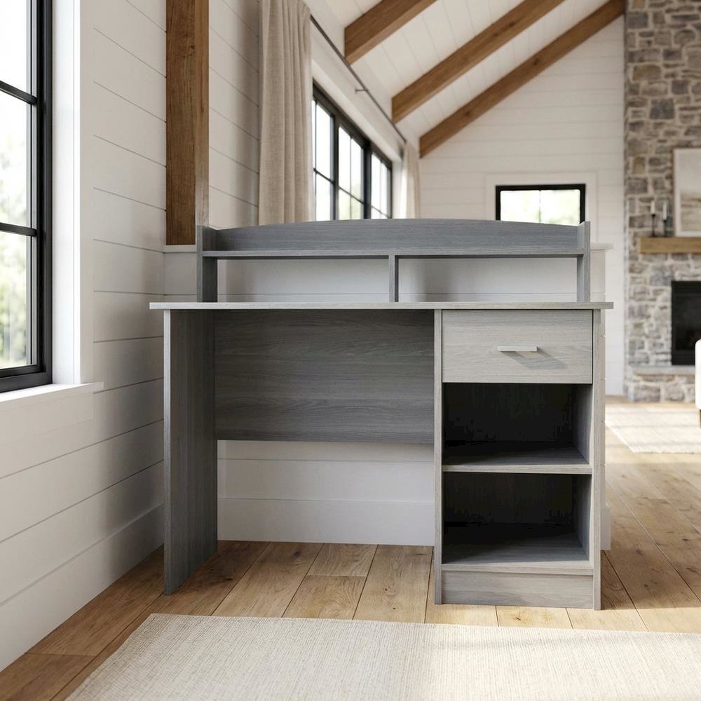 Wooden Desk with Hutch in Gray - Student & Home Office Workspace. Picture 3