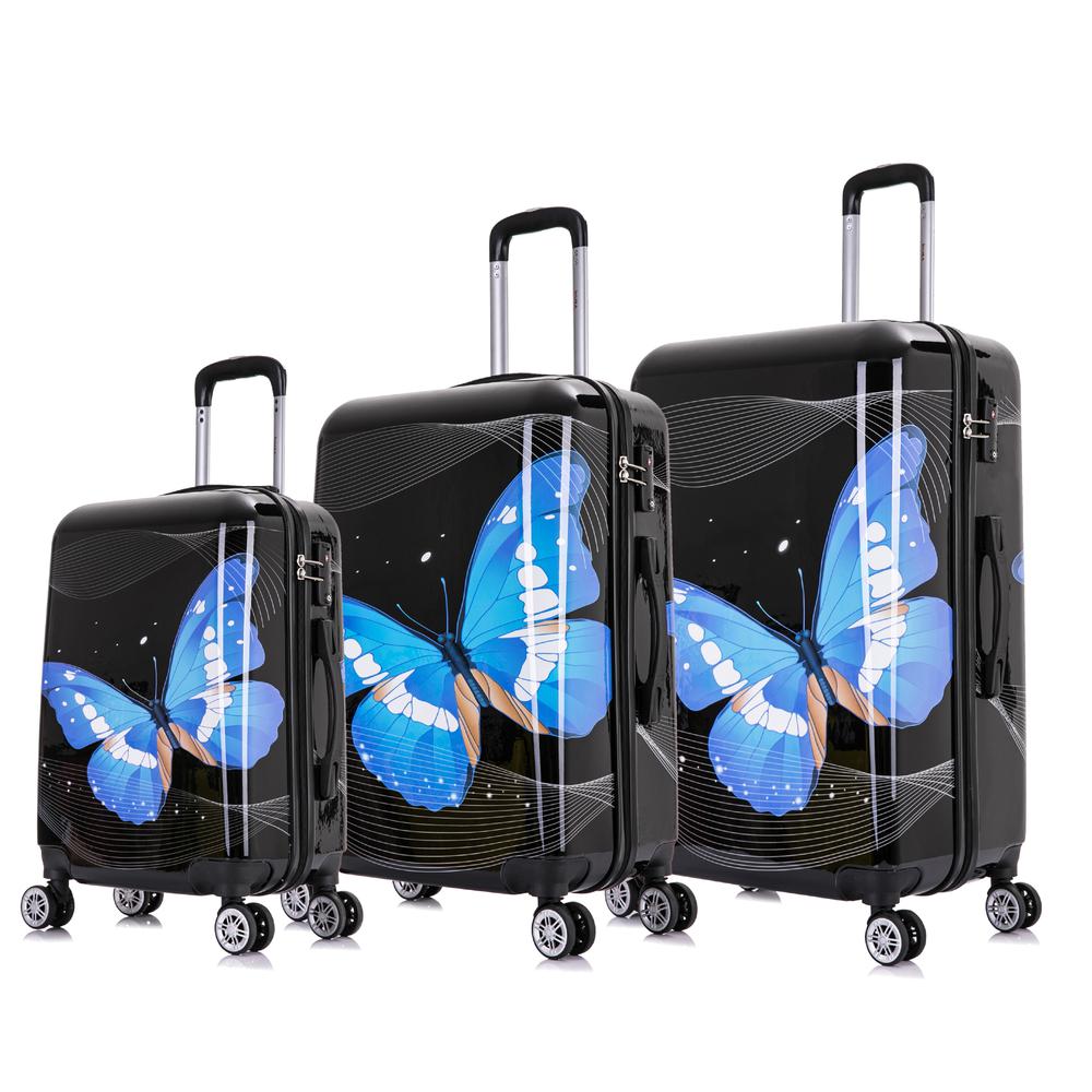 InUSA Prints Lightweight Hardside Spinner 3 Piece Set 20'',24'',28'' Black Butterfly. Picture 1