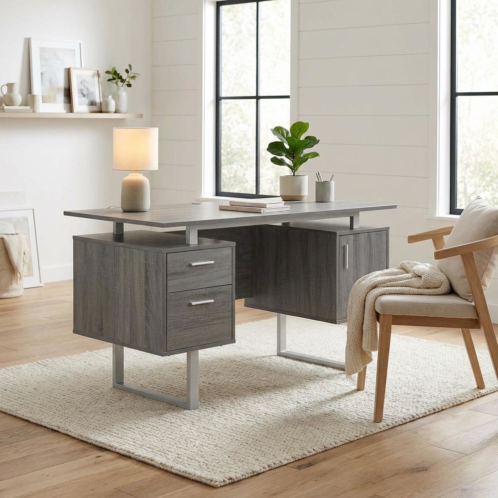 Modern Office Desk With Storage In Neutral Finish For Workspace Organization. Picture 3