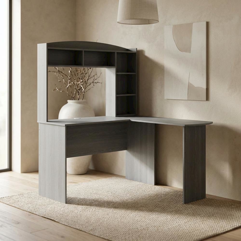 Wood Finish Desk with Hutch in Elegant Brown and Spacious Storage. Picture 2
