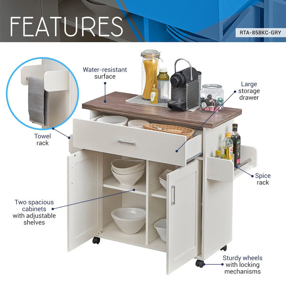 Techni Home Deluxe Mobile Kitchen Island Cart with Water Resistant Top. Picture 9
