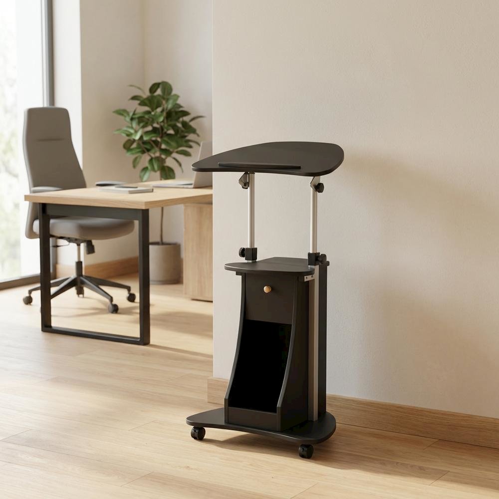Black Rolling Adjustable Laptop Cart with Storage and Keyboard Shelf. Picture 7