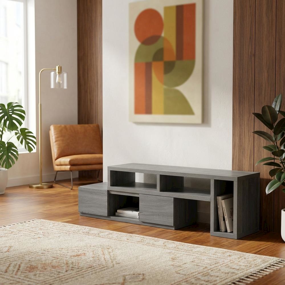 Adjustable TV Stand Console in Black with Sturdy Metal Frame, Cable Management. Picture 7