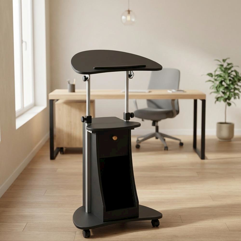 Black Rolling Adjustable Laptop Cart with Storage and Keyboard Shelf. Picture 8