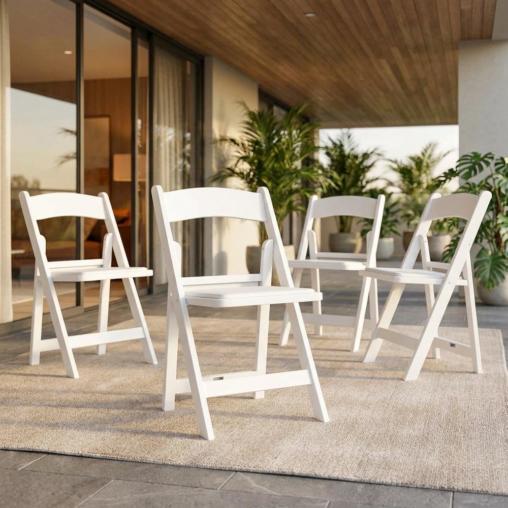 White Resin Folding Chairs Set of 4, Padded Seat, Stackable Indoor Outdoor. Picture 2