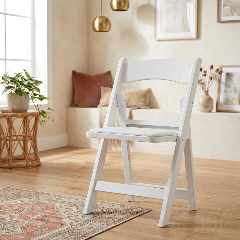 White Resin Folding Chairs Set of 4, Padded Seat, Stackable Indoor Outdoor. Picture 3