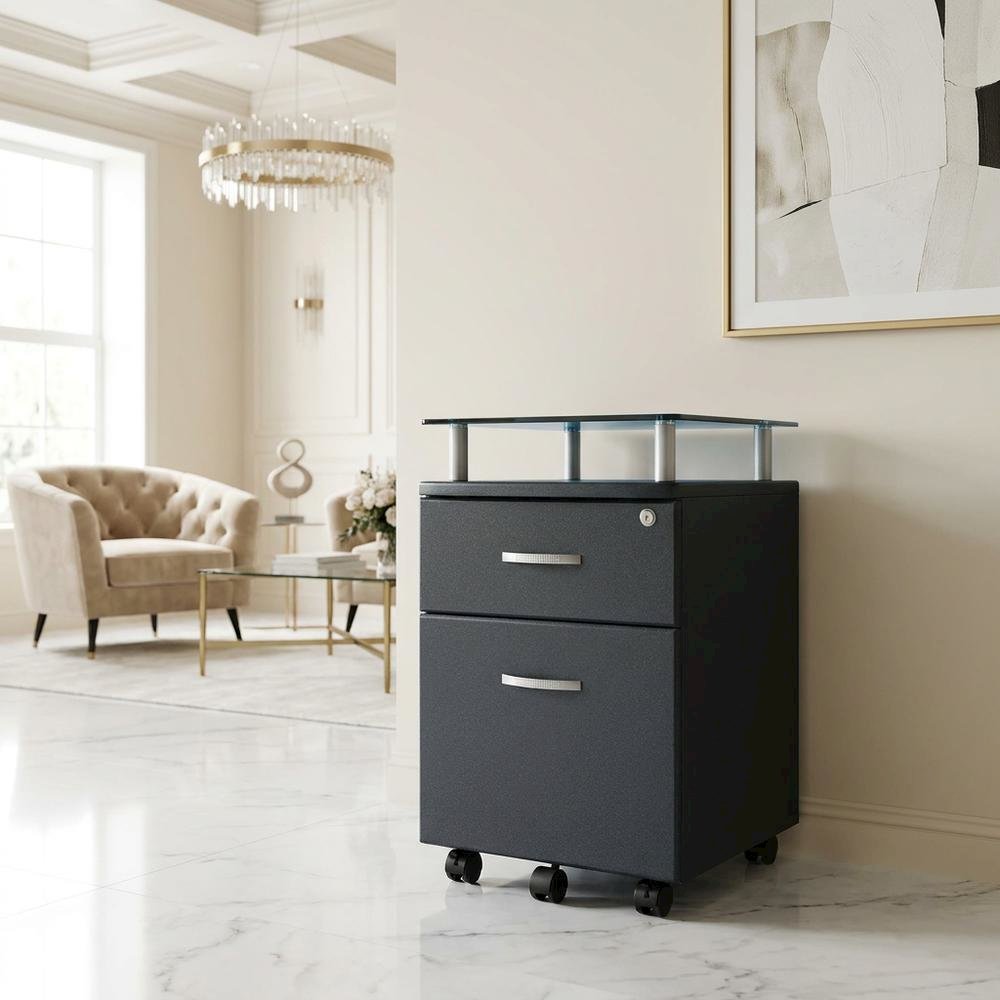 Graphite Rolling File Cabinet with Glass Top for Office Storage. Picture 4