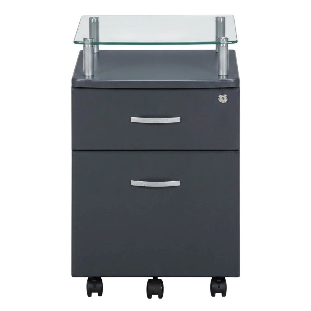 Graphite Rolling File Cabinet with Glass Top for Office Storage. Picture 1