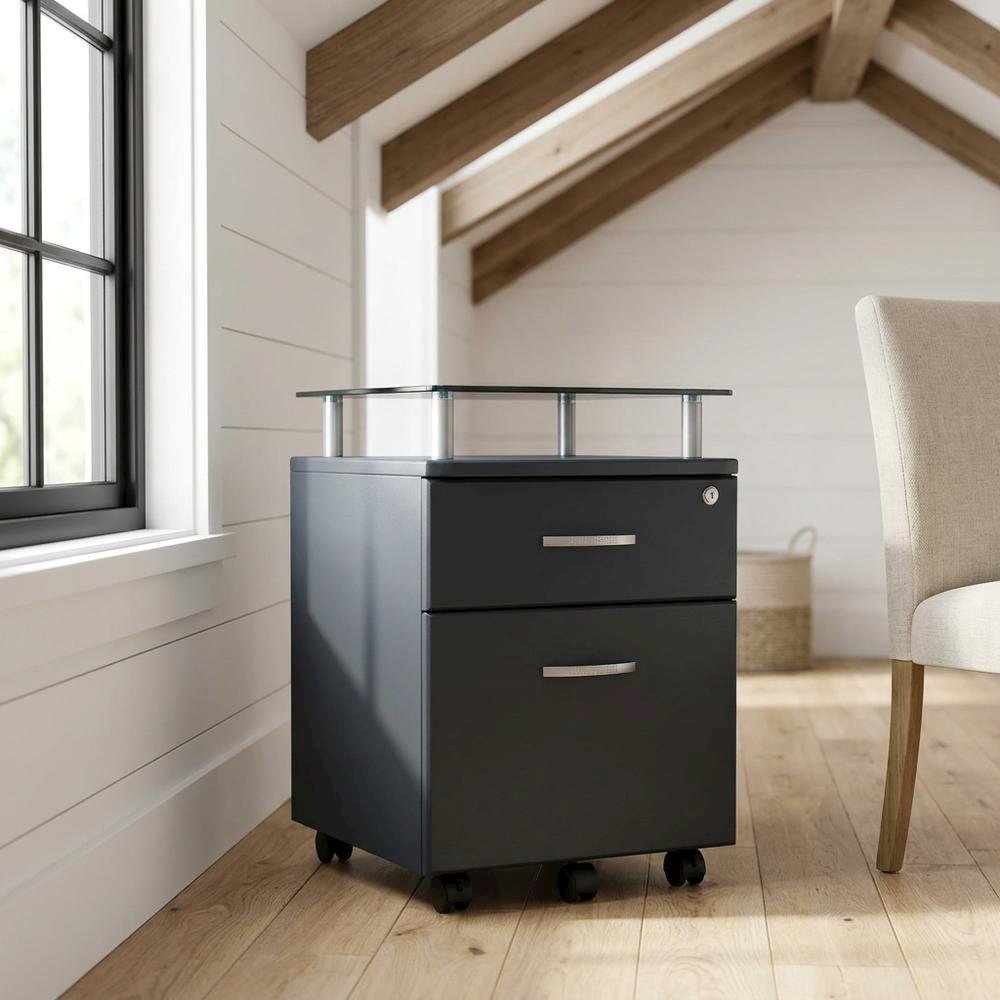 Graphite Rolling File Cabinet with Glass Top for Office Storage. Picture 2