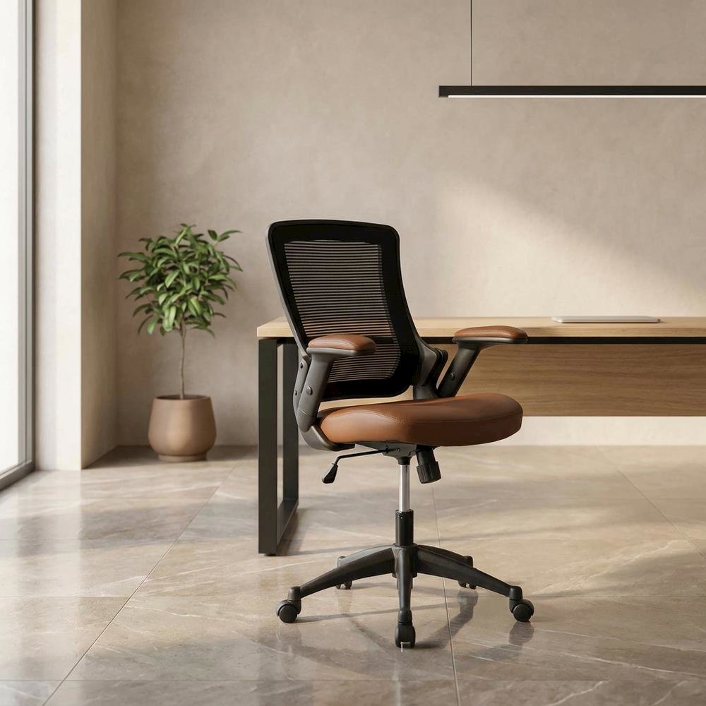 Brown Mesh Mid-Back Office Chair with Height-Adjustable Arms. Picture 2