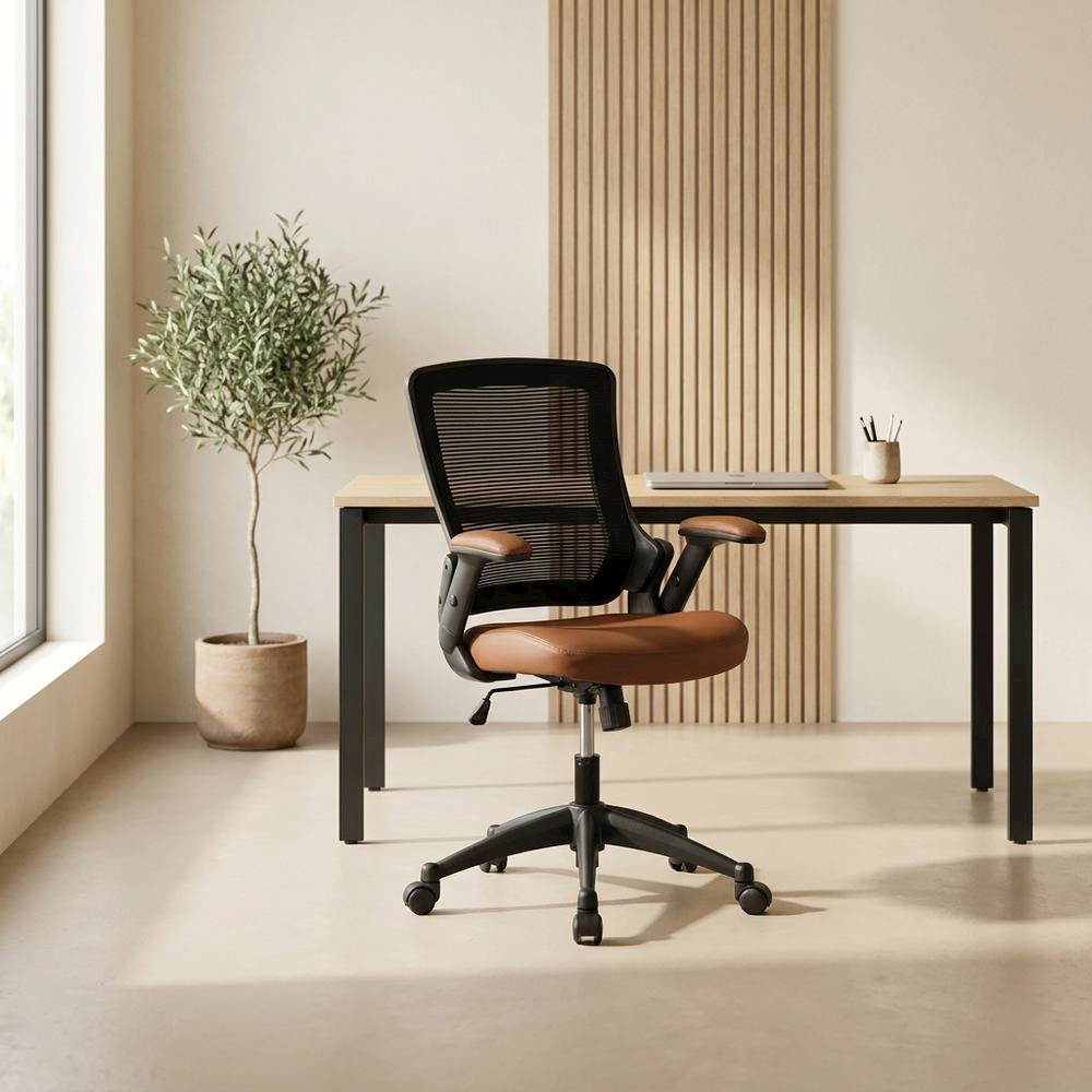Brown Mesh Mid-Back Office Chair with Height-Adjustable Arms. Picture 3