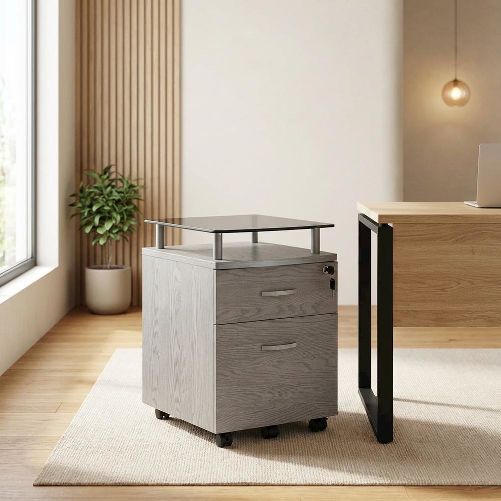 Grey Rolling File Cabinet with Glass Top and Smooth Mobility for Home or Office. Picture 7