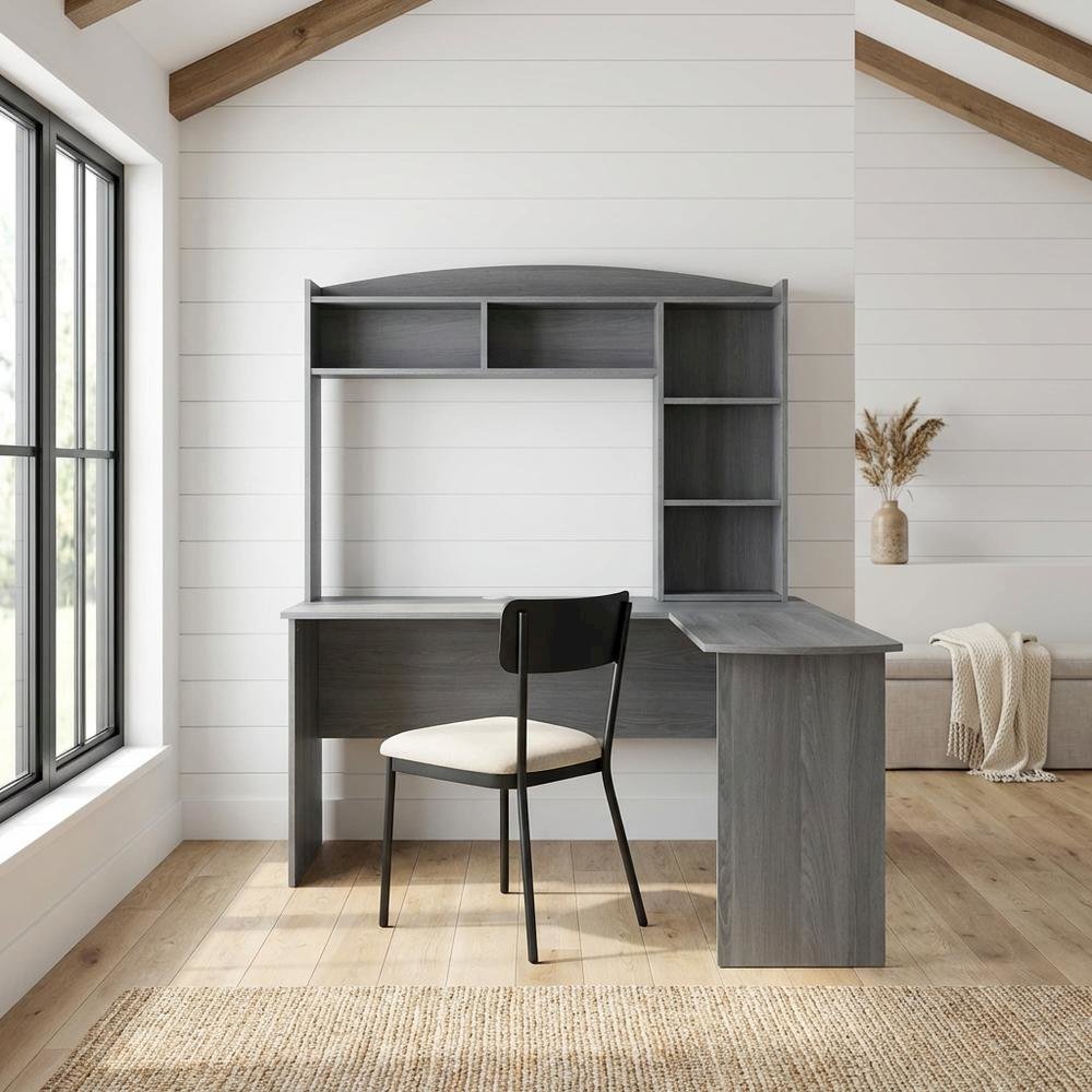 Wood Finish Desk with Hutch in Elegant Brown and Spacious Storage. Picture 3