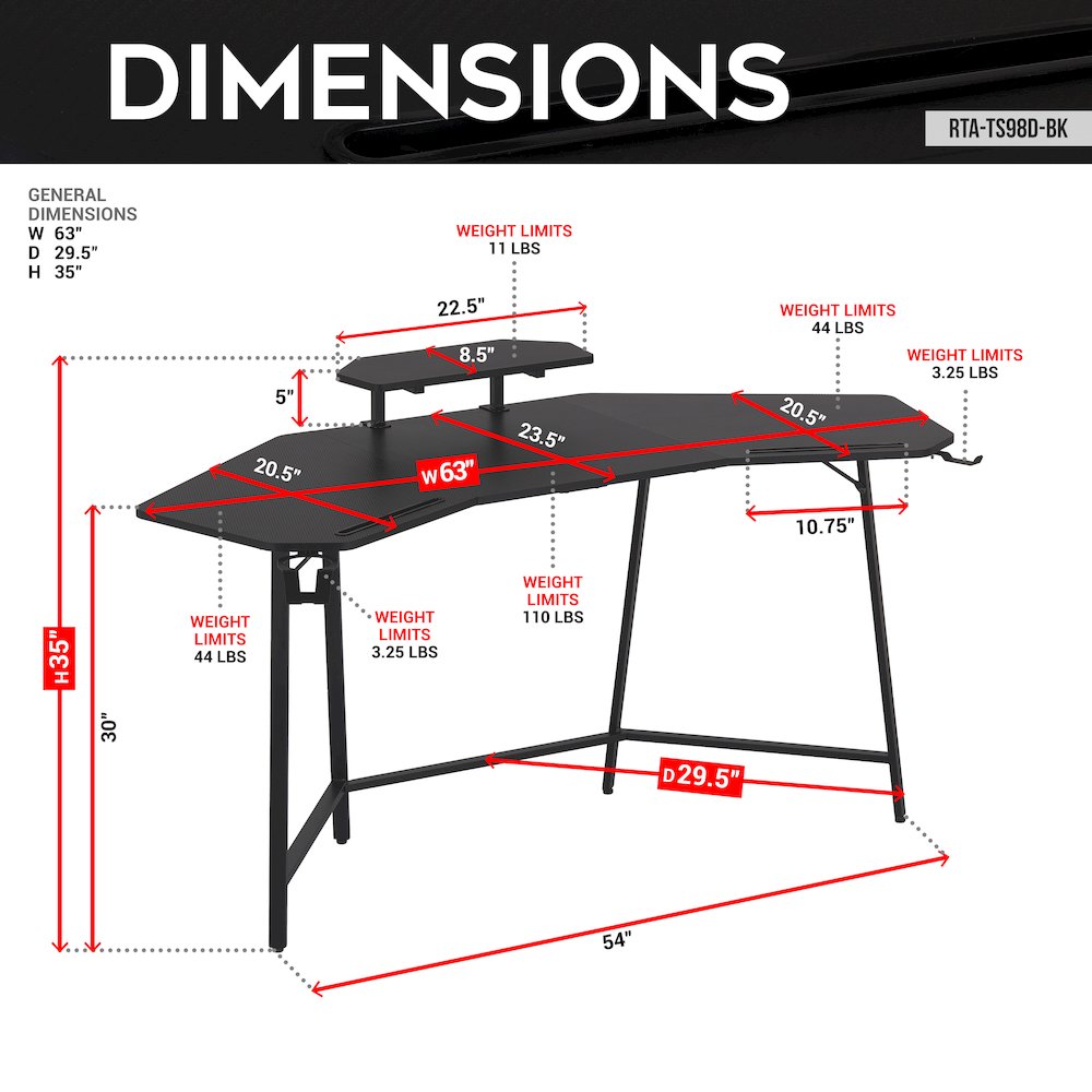 Gaming Desk with Shelf & Accessory Holders, Black. Picture 12