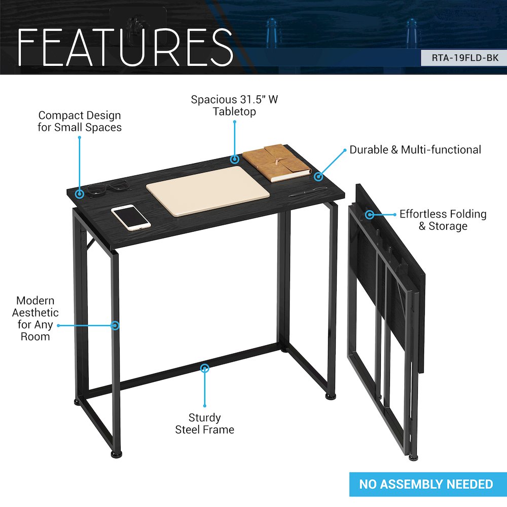 31.5” Folding Desk for Small Spaces, No Assembly Required, Black. Picture 11