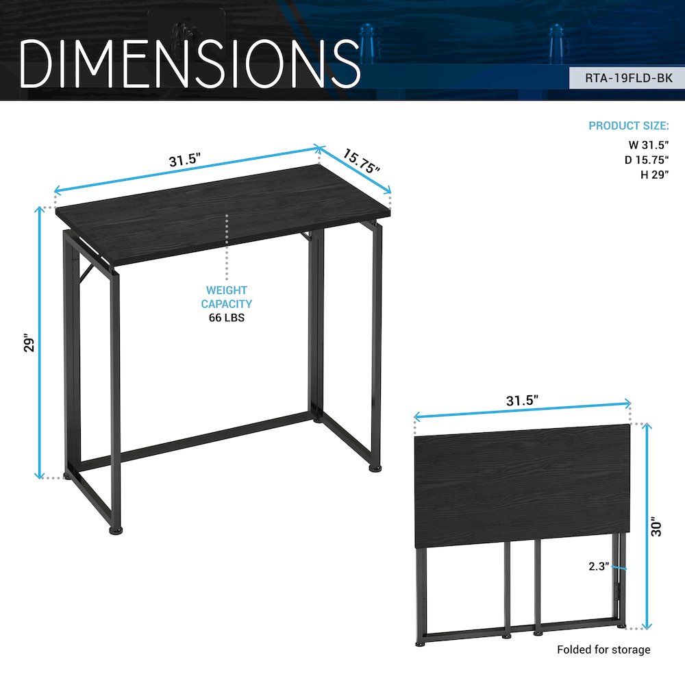 31.5” Folding Desk for Small Spaces, No Assembly Required, Black. Picture 14
