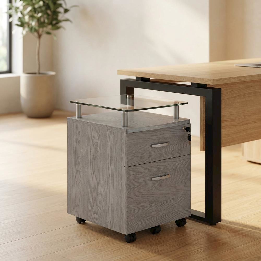 Grey Rolling File Cabinet with Glass Top and Smooth Mobility for Home or Office. Picture 8