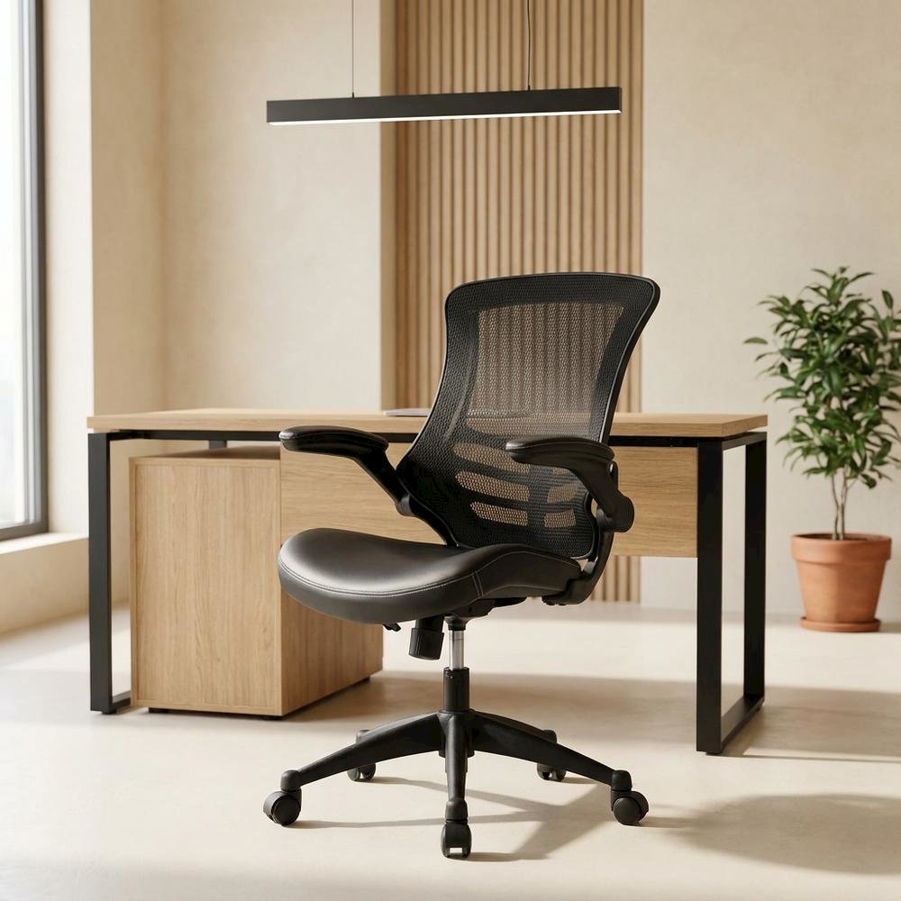 Black Mid-Back Mesh Office Chair with Adjustable Armrests for Comfort. Picture 2