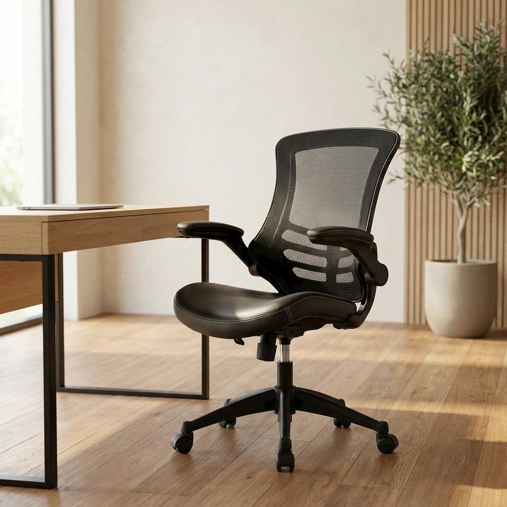 Black Mid-Back Mesh Office Chair with Adjustable Armrests for Comfort. Picture 4