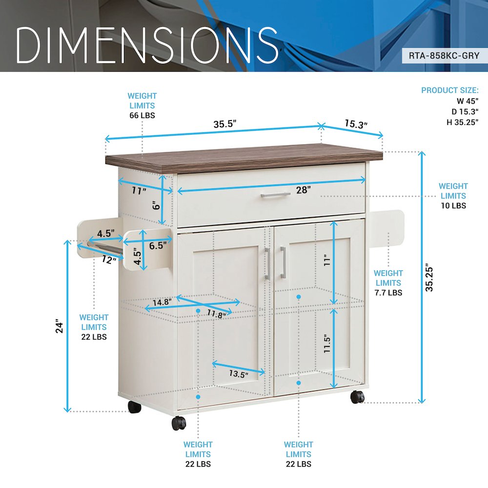 Techni Home Deluxe Mobile Kitchen Island Cart with Water Resistant Top. Picture 10