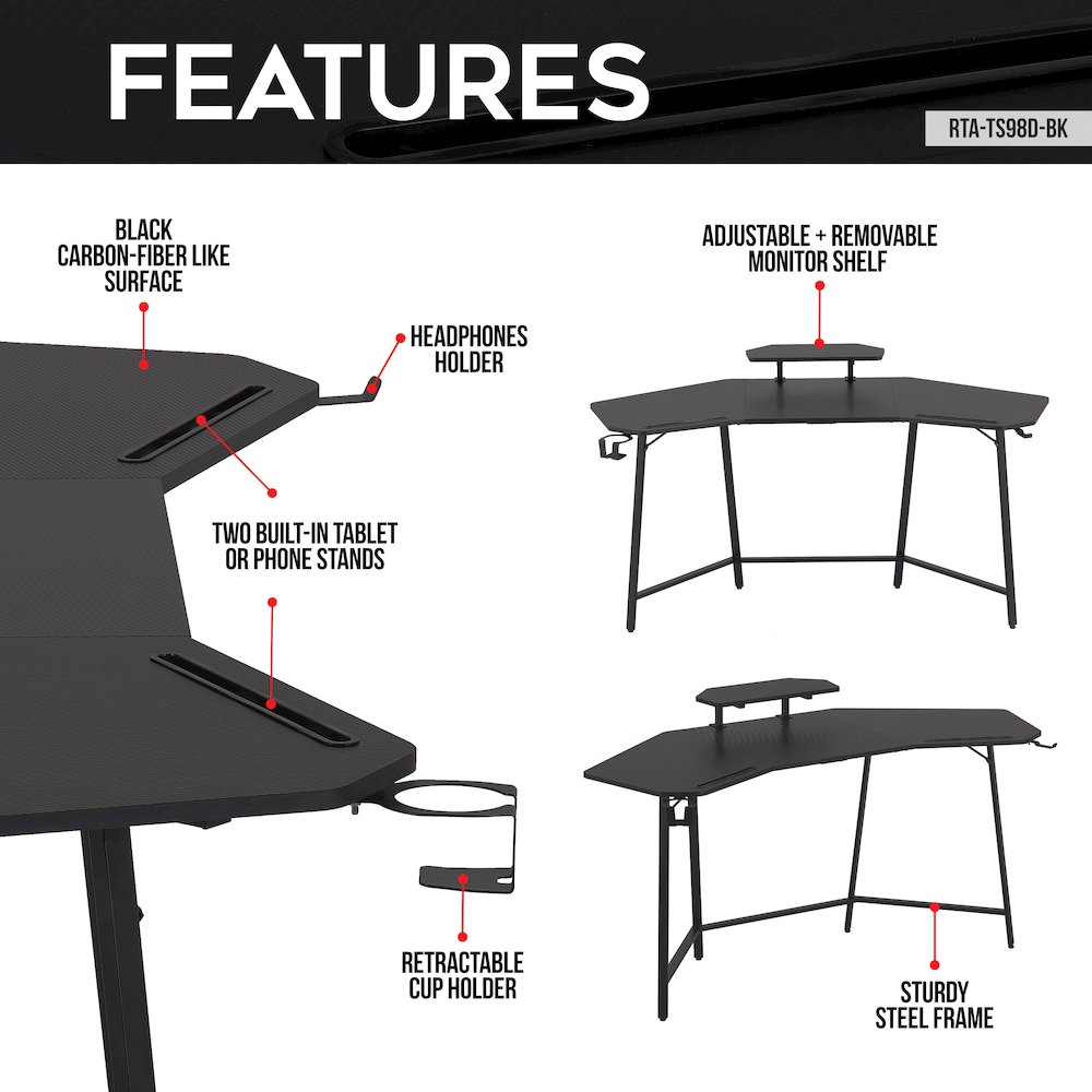 Gaming Desk with Shelf & Accessory Holders, Black. Picture 10