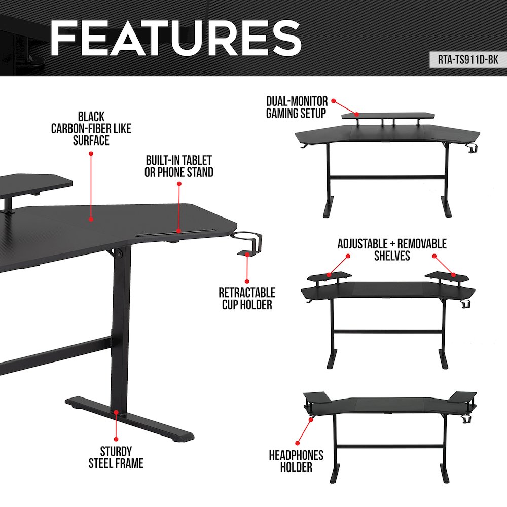 Gaming Desk with Shelves & Accessory Holder, Black. Picture 12