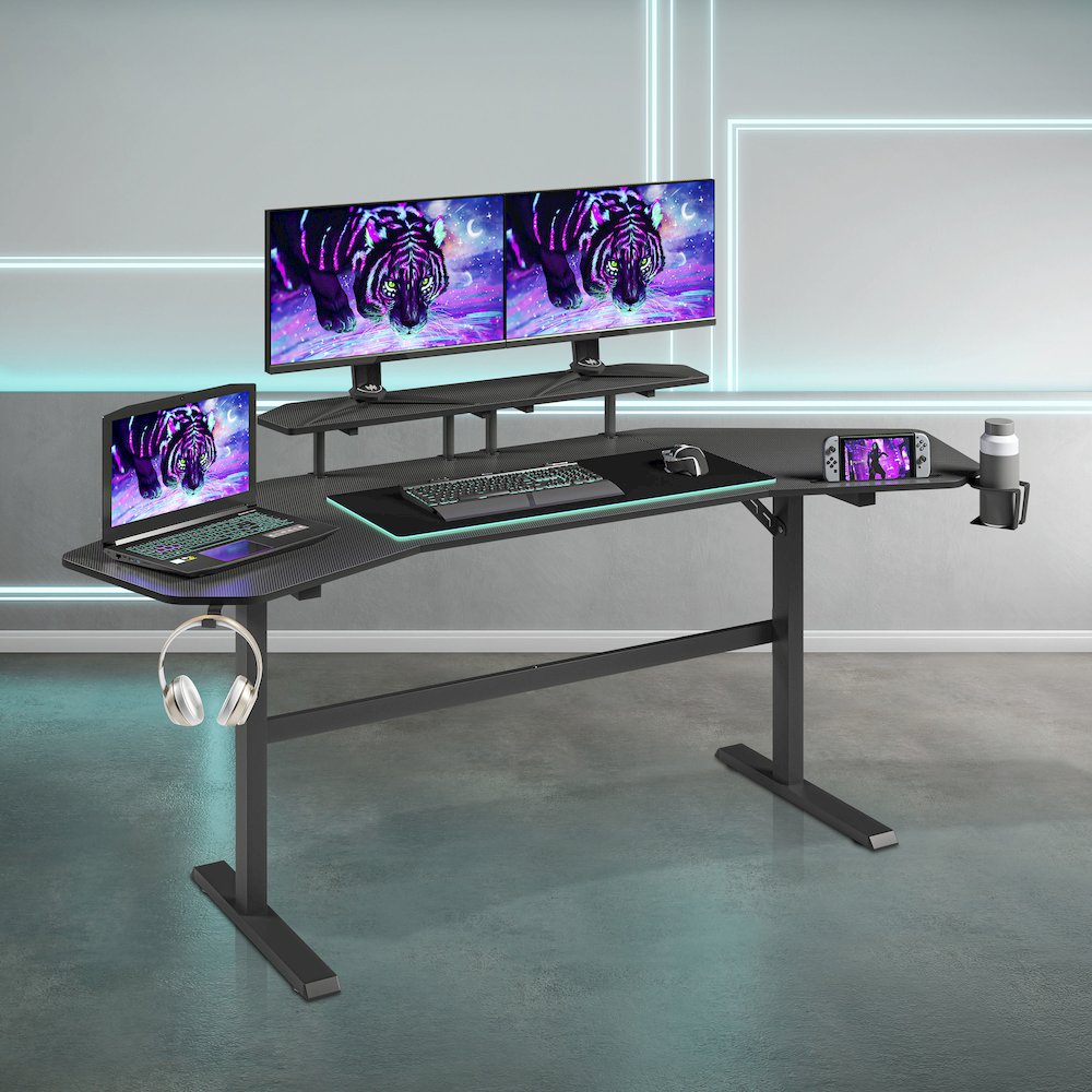 Gaming Desk with Shelves & Accessory Holder, Black. Picture 11