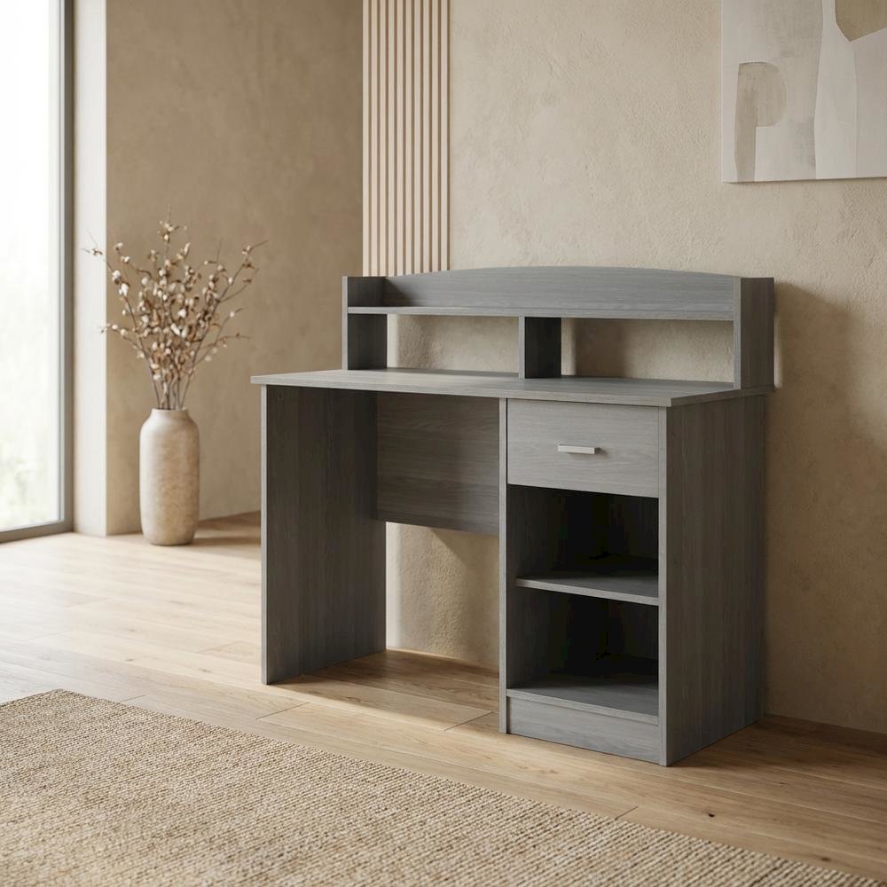 Wooden Desk with Hutch in Gray - Student & Home Office Workspace. Picture 2