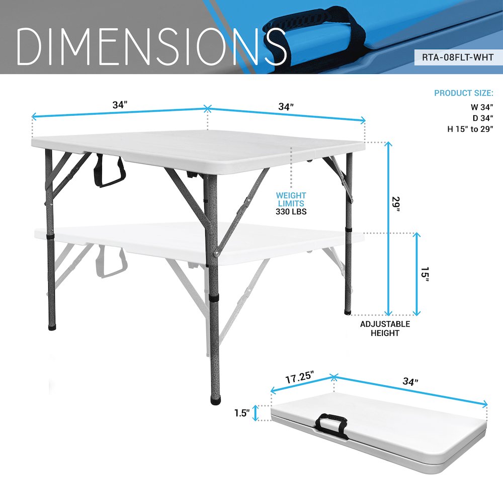 34” Square Folding Table, Height Adjustable Foldable Table. Picture 14